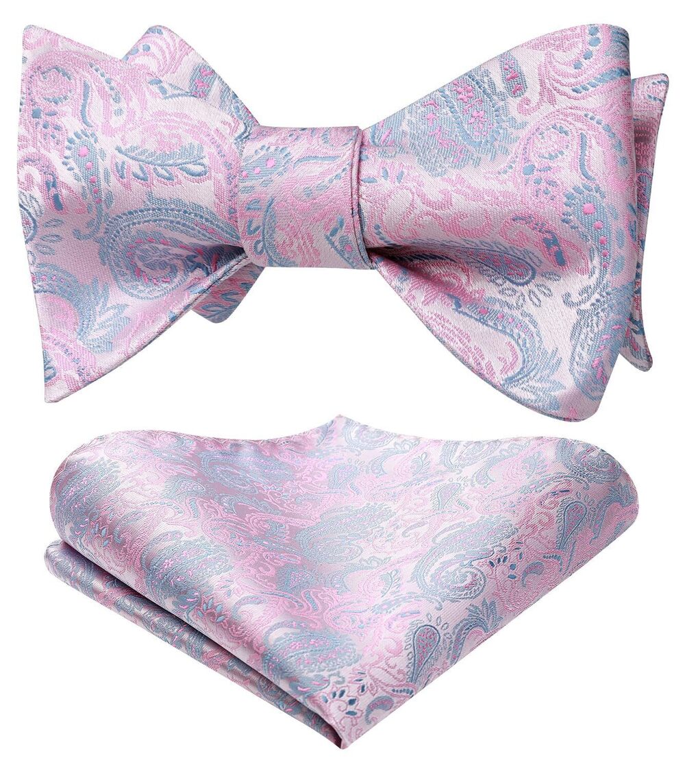 2076 Pink Bow Ties Paisley Bowties Self Tie Bow Tie and Pocket Square Set